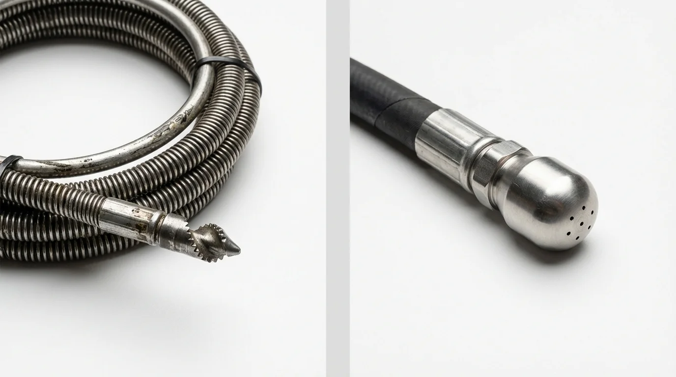 Drain snake cable and hydro jetting nozzle used for drain cleaning in Glasgow, MO