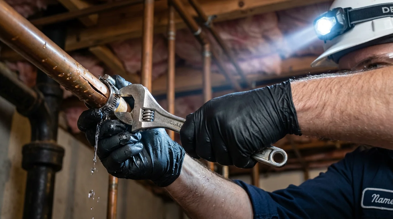 Emergency pipe clamp repair being performed by a Johns Plumbing LLC plumber in Glasgow