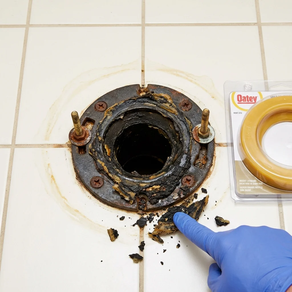 Failed wax ring showing water seepage at the base of a toilet in a Glasgow, MO home